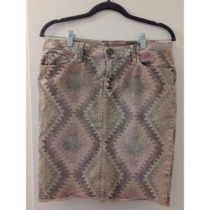 Current/Elliot Aztec Print Denim Pencil Skirt With Raw Hem